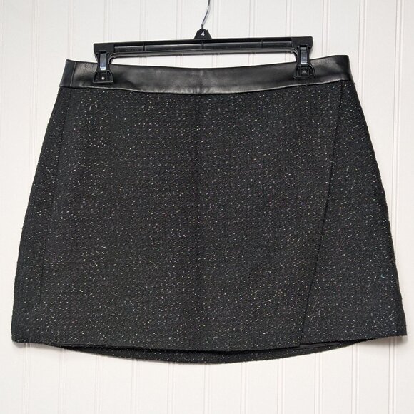 2 for $30 NWOT DKNY Tweed Faux Wrap Black Metallic Mini Skirt w Leather Trim 8 - Picture 3 of 7
